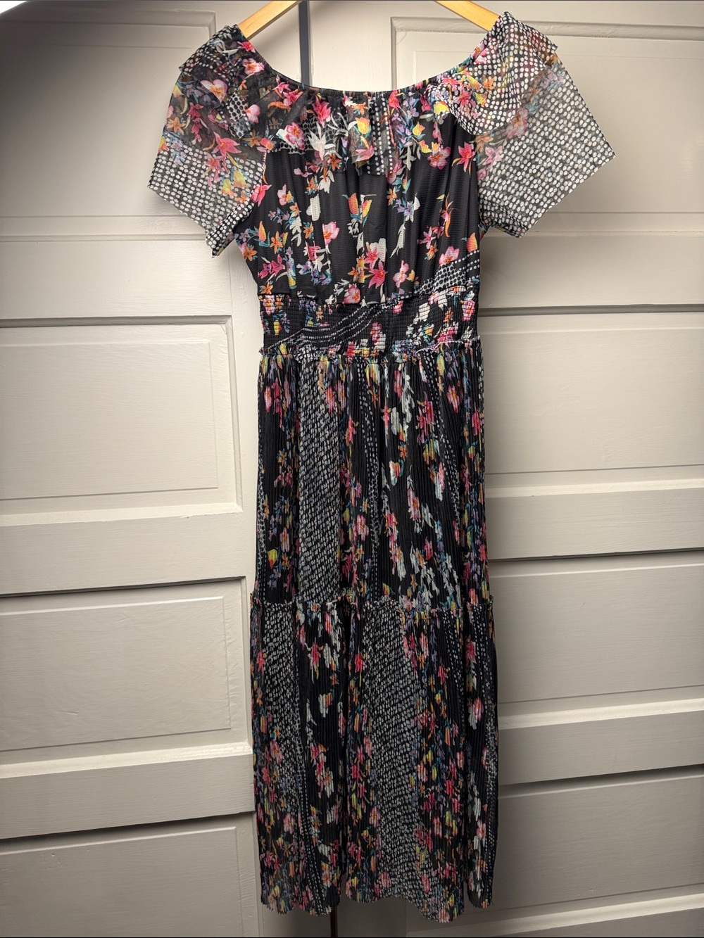 Floral Mesh Pleated Dress Lapis M Black Smocked Waist Sheer Sleeve Boho Romantic
